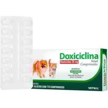 Antibiótico Vetnil Doxiciclina 25 mg para Cães e Gatos com 14 Comprimidos