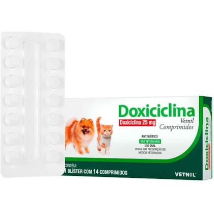 Antibiótico Vetnil Doxiciclina 25 mg para Cães e Gatos com 14 Comprimidos