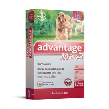 Antipulgas e Carrapatos Bayer Advantage MAX3 2,5ml para Cães de 10 a 25kg - 03 Bisnagas