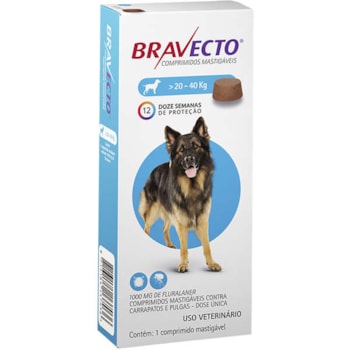 Antipulgas e Carrapatos MSD Bravecto para Cães de 20 a 40 kg - 1.000mg Antipulgas e Carrapatos MSD Bravecto para Cães de 20 a 40 kg - 1.000mg