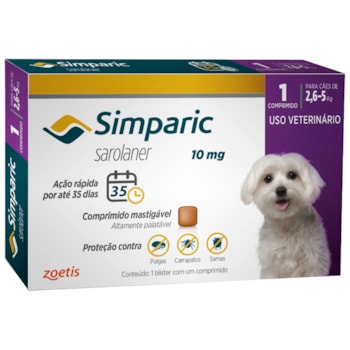 Antipulgas Zoetis Simparic 10mg para Cães 2,6 a 5Kg