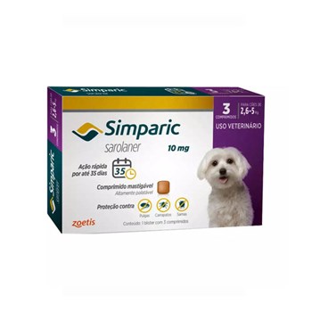 Antipulgas Zoetis Simparic 10mg para Cães 2,6 a 5Kg com 03 Comprimidos