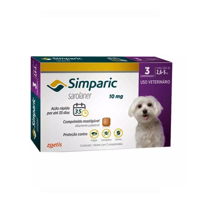 Antipulgas Zoetis Simparic 10mg para Cães 2,6 a 5Kg com 03 Comprimidos **Validade Nov/2022**