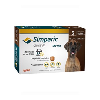 Antipulgas Zoetis Simparic 120mg para Cães 40,1 a 60Kg com 03 comprimidos **Validade Nov/2022**