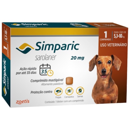 Antipulgas Zoetis Simparic 20mg para Cães 5,1 a 10Kg