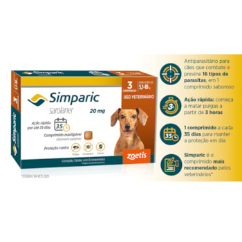 Antipulgas Zoetis Simparic 20mg para Cães 5,1 a 10Kg