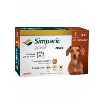 Antipulgas Zoetis Simparic 20mg para Cães 5,1 a 10Kg com 01 Comprimido