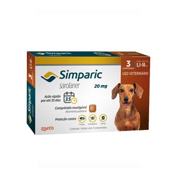 Antipulgas Zoetis Simparic 20mg para Cães 5,1 a 10Kg com 03 comprimidos