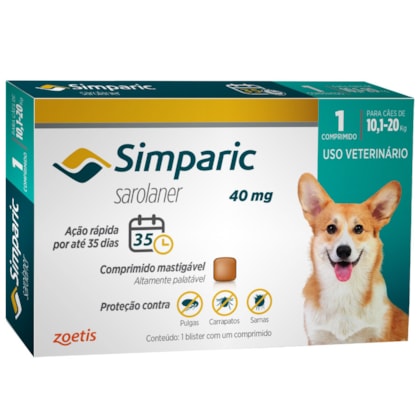 Antipulgas Zoetis Simparic 40mg para Cães 10,1 a 20kg