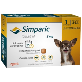 Antipulgas Zoetis Simparic 5mg para Cães 1,3 a 2,5Kg