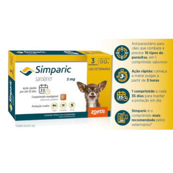 Antipulgas Zoetis Simparic 5mg para Cães 1,3 a 2,5Kg