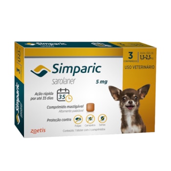 Antipulgas Zoetis Simparic 5mg para Cães 1,3 a 2,5Kg