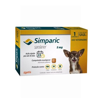 Antipulgas Zoetis Simparic 5mg para Cães 1,3 a 2,5Kg com 01 Comprimido