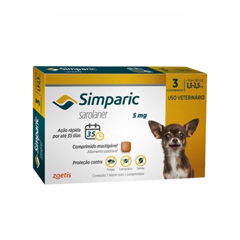 Antipulgas Zoetis Simparic 5mg para Cães 1,3 a 2,5Kg com 03 Comprimidos