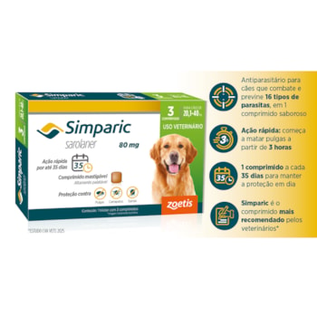 Antipulgas Zoetis Simparic 80mg para Cães 20,1 a 40kg