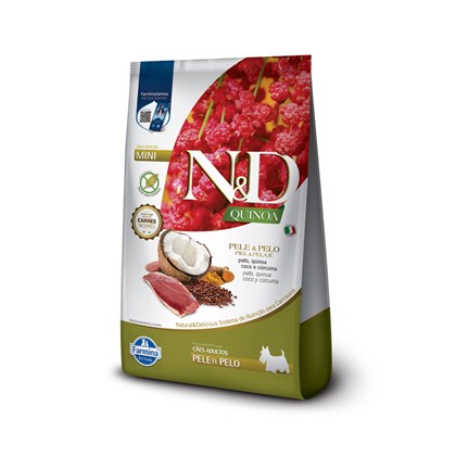 N&D Quinoa Pele e Pelo para Cães Ad de Porte Mini Sabor Pato, Quinoa, Coco e Cúrcuma