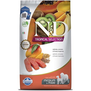 Ração Farmina N&D Tropical para Cães Adultos de Porte Médio e Grande Sabor Salmão, Cereais e Frutas Tropicais