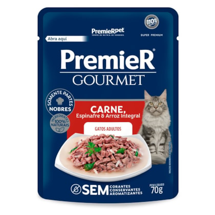 Ração Premier Gourmet Sachê Carne, Espinafre e Arroz Integral para Gatos Adultos 70 g