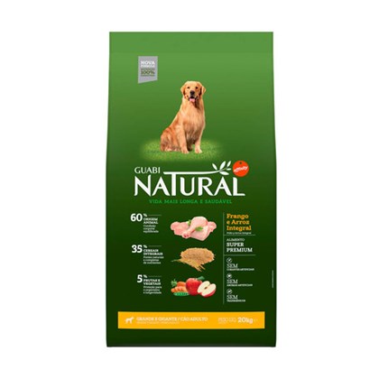 Ração Seca Guabi Natural para Cães Adultos de Raças Grandes e Gigantes sabor Frango e Arroz Integral 20kg