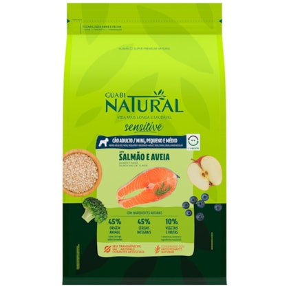 Ração Seca Guabi Natural Sensitive Salmão e Aveia para Cães Adultos Raças Mini, Pequena e Média