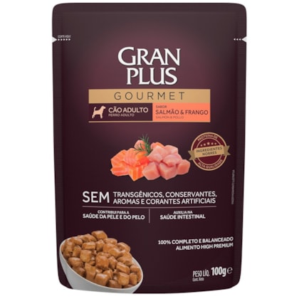 Ração Úmida GranPlus Gourmet Sachê Salmão e Frango para Cães Adultos 100g