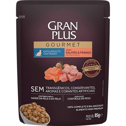 Ração Úmida GranPlus Gourmet Sachê Salmão e Frango para Gatos Castrados 85g